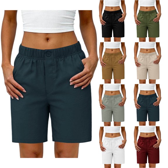 Admvng Women's Shorts Solid Button Elastic Waist Business Shorts with Pockects