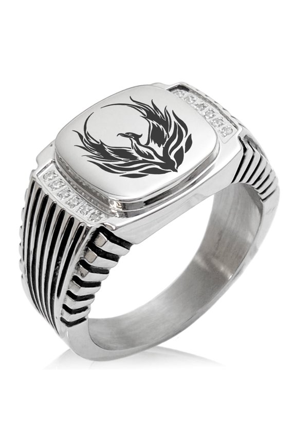 Stainless Steel Greek Mythology Phoenix CZ Ribbed Needle Stripe Pattern Biker Style Polished Ring