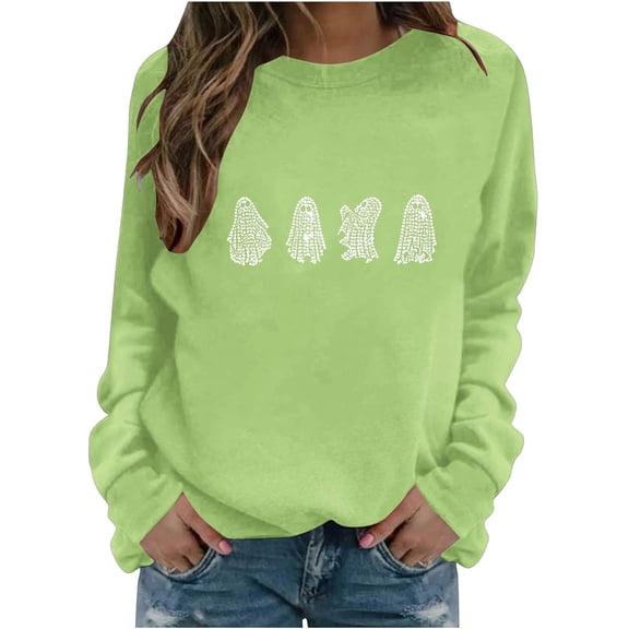 Halloween Sweatshirt for Women Dressy Rhinestone Ghost Pumpkin Pullover Crewneck Long Sleeve Tops Loose Fit Soft Funny Holiday Tees