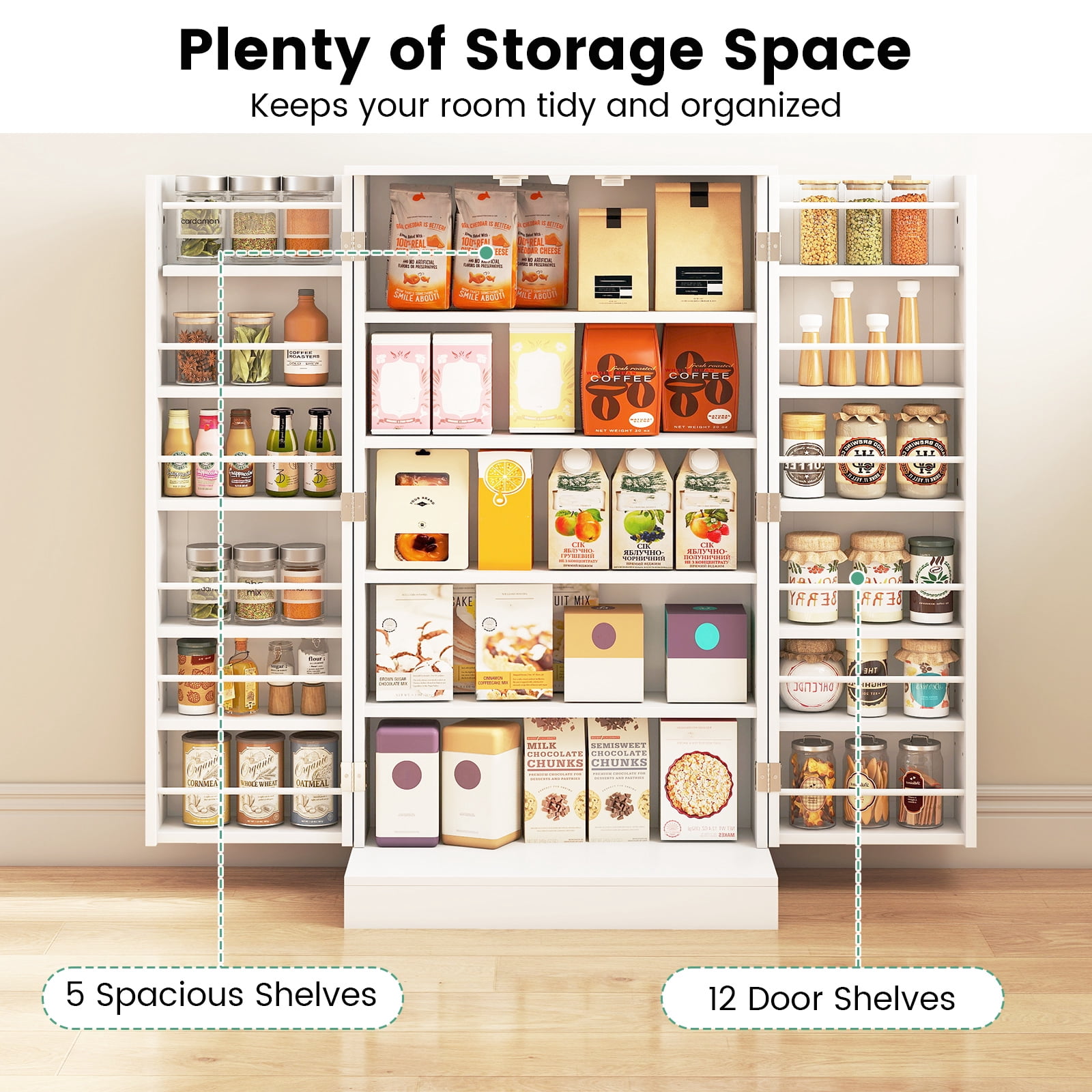 Costway 41'' Farmhouse Kitchen Pantry Storage Cabinet with Doors Adjustable Shelves White