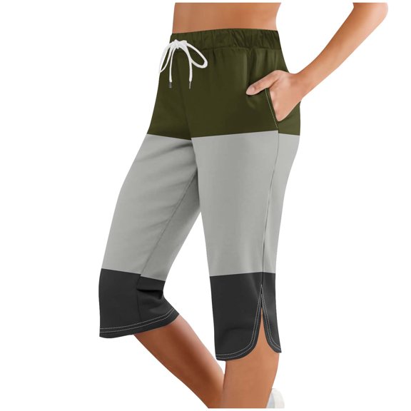 Bovxnpu Plus Size Pants For Women, Capris Pants for Women Casual Cropped Pants With Pocket, Women Solid Printing Elastic Waist Sports Casual Capris Pants L