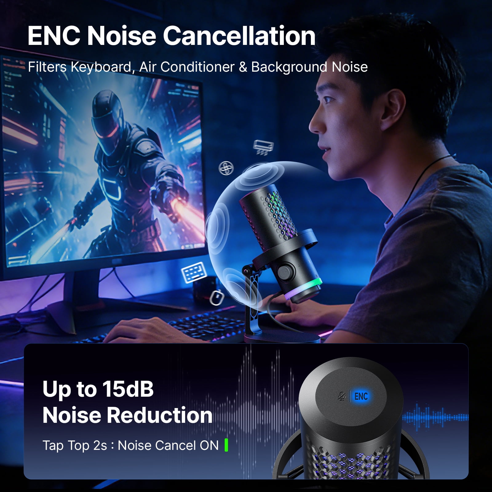 BOYA USB Gaming Microphone for PC, Mac, Phone, Streaming, Built-in DSP Quadruple Noise Reduction, CD Sound Quality, 9 RGB, (Desktop Stand)