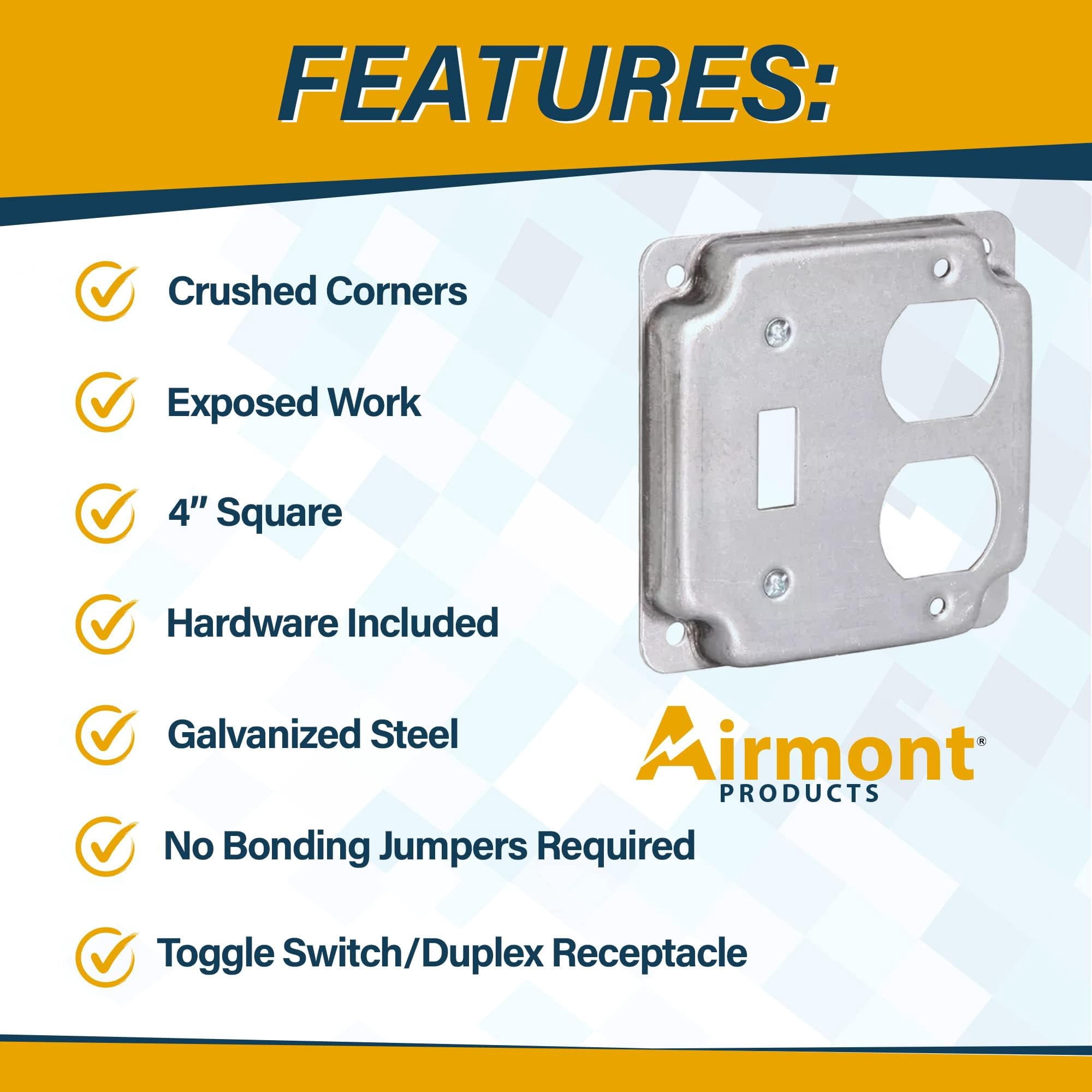 5 Pack Airmont Products 2-Gang Toggle and Duplex Electrical Box Cover - 4 Inch Square 1/2 Inch Raised Galvanized Steel Exposed Work Cover - Surface Mount Junction Box Cover for Outlet Combos