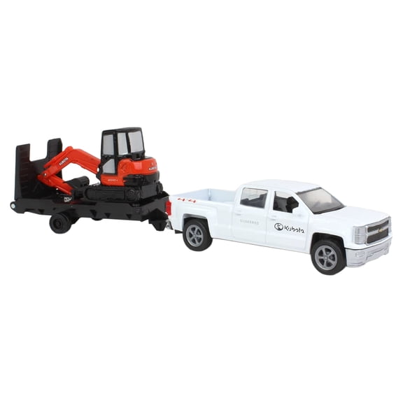 New Ray New 10" NEWRAY KUBOTA Collection - Kubota KX040 Excavator with White Ford F-250 Super Duty Pickup & Trailer (Orange, Black) Model Toys