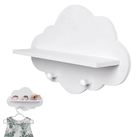 White Cloud Wall Shelves, Wooden Floating Shelf with Hooks, Nursery & Kids Room Decor for Books, Toys, and Storage
