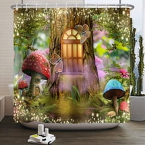 72x72 Inches Enchanted Forest Mushroom Shower Curtain Cartoon Magtic Old Trees House Butterflies Fairy Tale Wonderland Fantasy Shower Curtains Set for Bathroom Decor Waterproof with Hooks