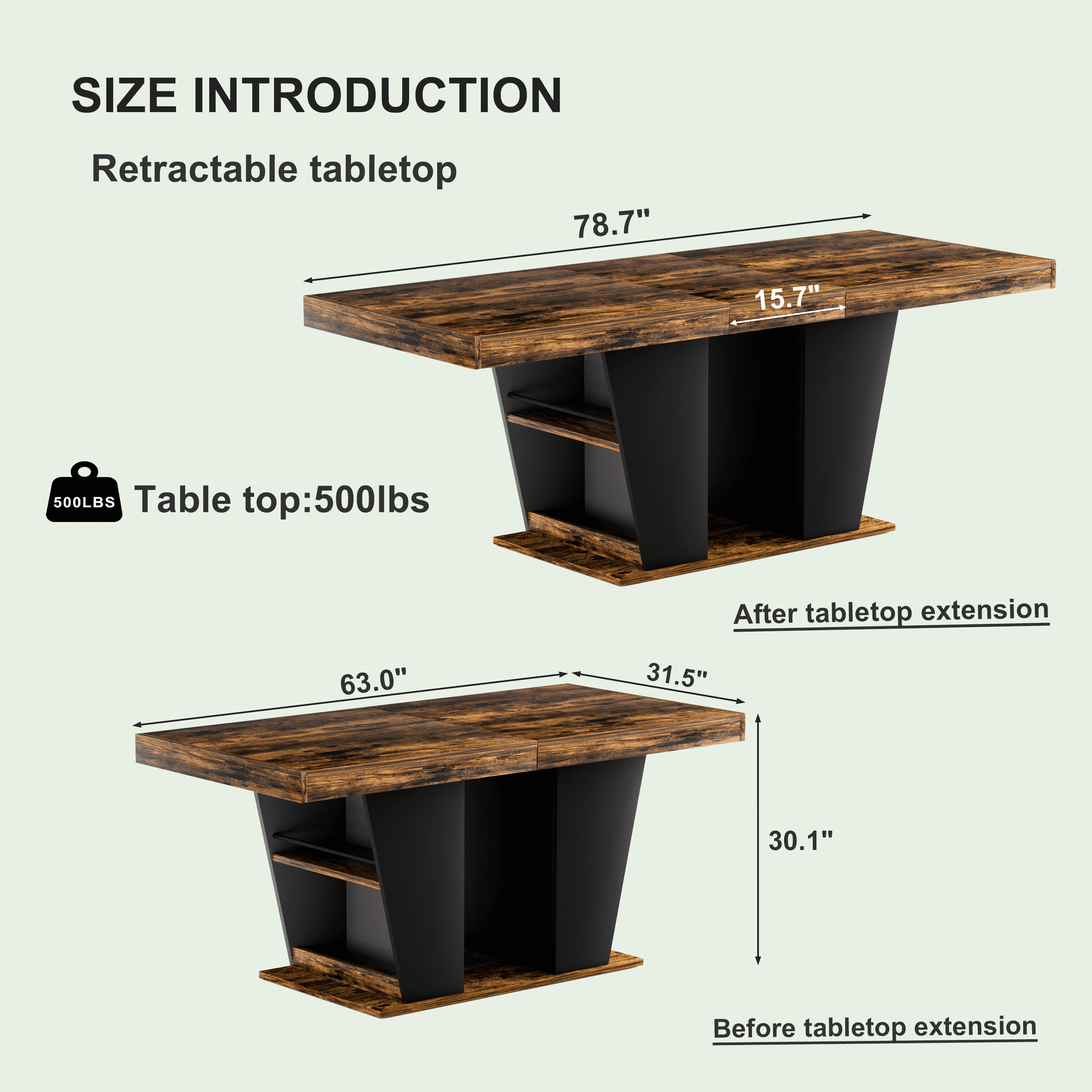 Extendable Dining Table 63-78.7 Inch 500 lbs Capacity Vintage Brown with Storage Shelves for Kitchen Dining Room