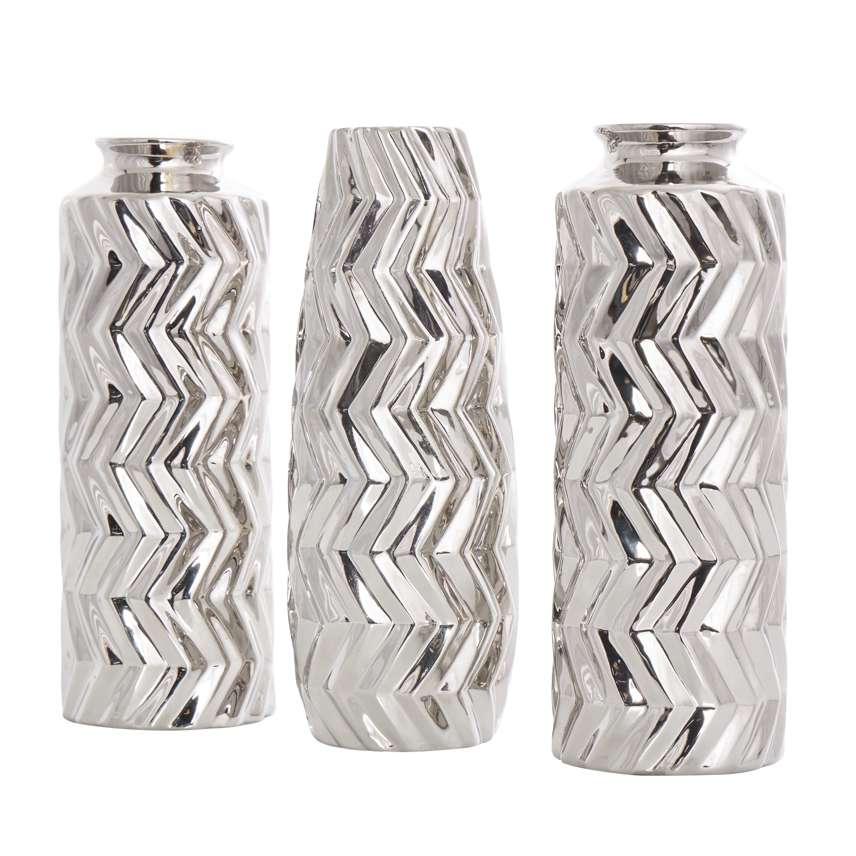 DecMode 4"W, 11"H Dimensional Chevron Textured Silver Ceramic Vase with Varying Shapes, Set of 3