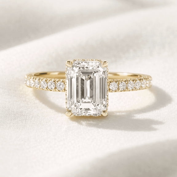 Jewelerix Emerald Cut Moissanite Engagement Ring, 14K Vermeil Yellow Gold Pave Band, Hidden Halo and Side Stones, Anniversary Gift