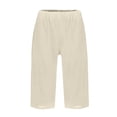 thumbnail image 4 of Linen Bermuda Shorts for Women Knee Length Summer Casual Elastic Waisted Shorts with Pockets Beige L, 4 of 5