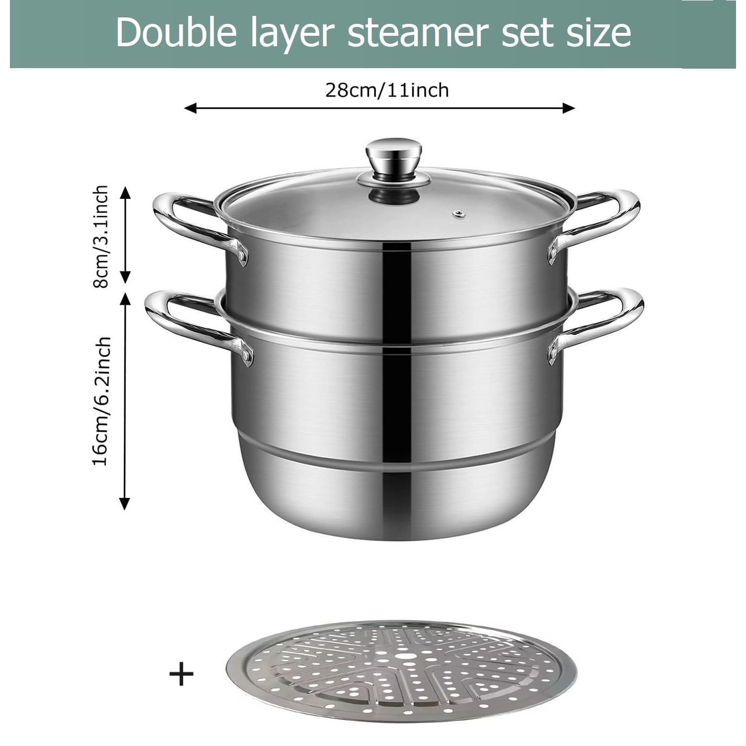 Leyeet Steamer for Cooking, Food Grade Stainless Steel Steamer Pot, 11 inch Steam Pots with Glass Lid 2-tier for Cooking Vegetables, Seafood, Soups, Stews and Pasta Cooking Tool