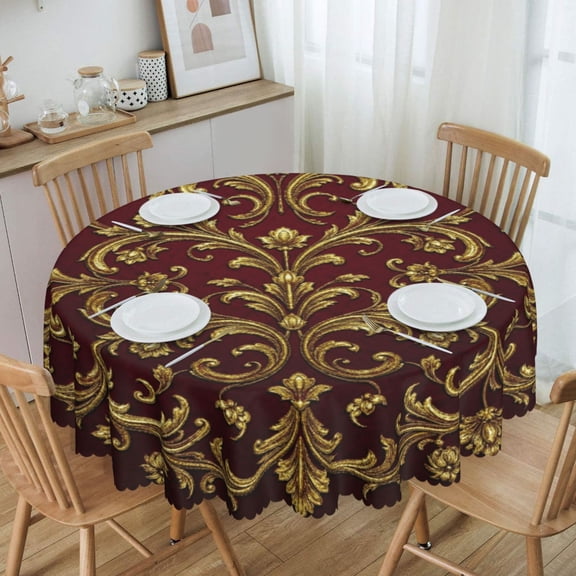 Gold Baroque Scroll Red Velvet Medallion Round Tablecloth Waterproof Oil Proof Spill Proof Table Cloth 70" for Camping, Dining, Indoor and Outdoor Table Cover