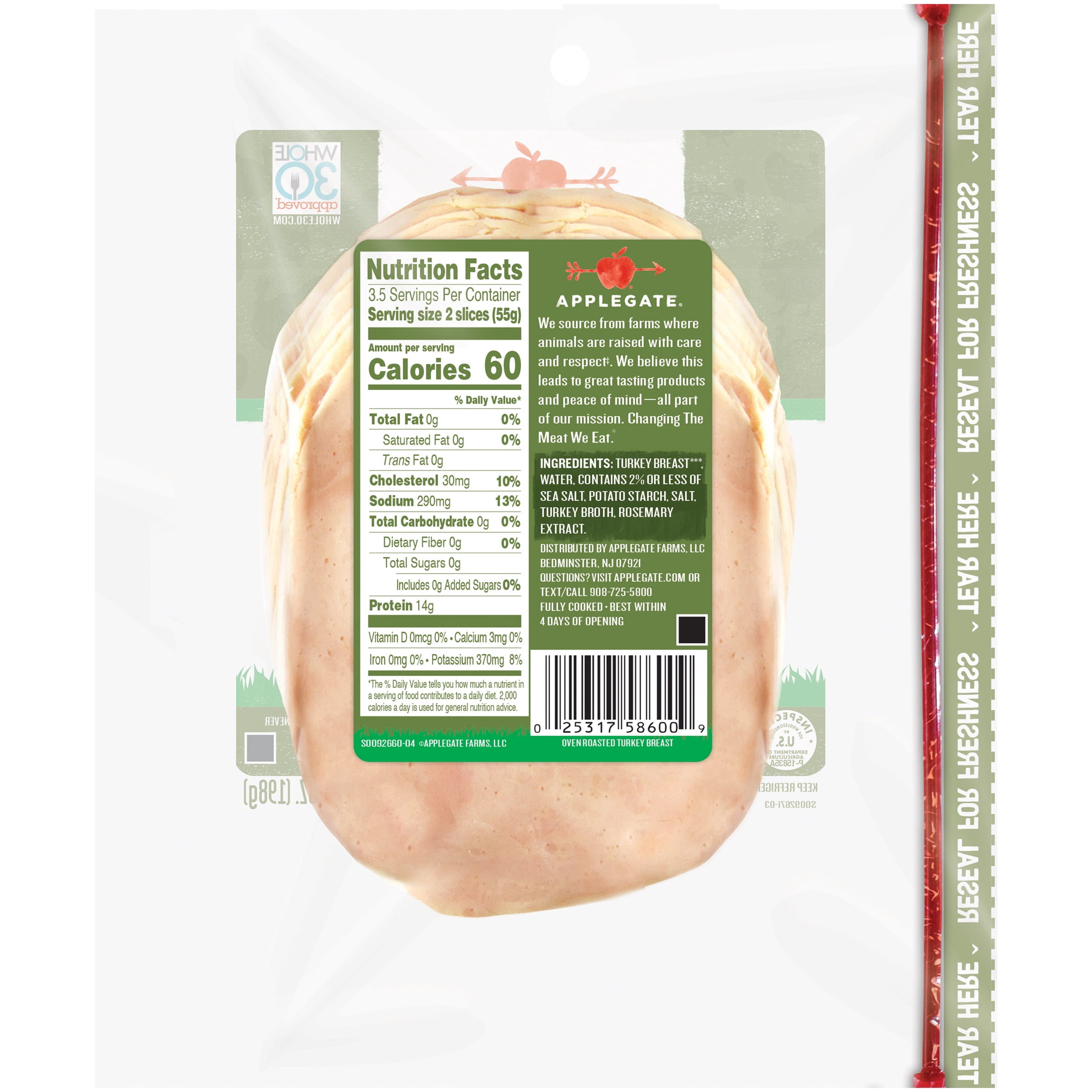 Applegate Naturals, Oven Roasted Turkey Breast Sliced, 50 Cal, 7oz Tray (Refrigerated)