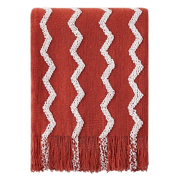 Bourina Fluffy Chenille Knitted Fringe Throw Blanket, Lightweight Soft Cozy Bed Sofa Chair Blanket, Rust, 50" x 60"for Adults