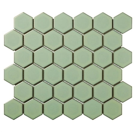 Glazed Porcelain Mosaic Tile Sheet Barcelona 2"x2" Hexagon Glossy Light Green With Retro Edge, Box 9.8 sq. ft.