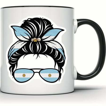 Argentina Flag Messy Bun Mug, Argentine Pride Mug, Sunglasses Soccer Fan Mug, Argentina Gift Souvenir - 11 Ounce Black Rim Handle Novelty Coffee Cup - WMUG0690-Black Rim