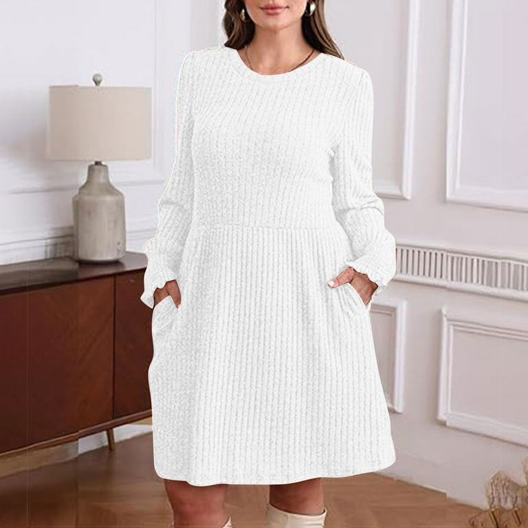 Lcziwo Long Sleeve Knit Dress for Women Empire Waist Pockets Casual Dress  Crew Neck Tunic Dresses Baby Doll Early Fall Fashion Outfits 2025 White,L -  Walmart.com
