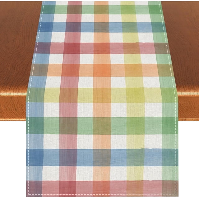 Linen Easter Table Runner - 13x72" Buffalo Check Plaid Spring Summer Decorations for Baby Shower, Birthday, Home Kitchen Dining