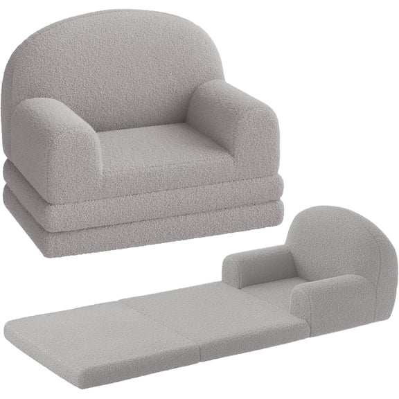 Kids Couch, 2-in-1 Comfy Toddler Couch Fold Out, Convertible Sofa to Lounger Foam Kids Chair with Soft Sherpa, Gift for Girls and Boys (Gray Moon)