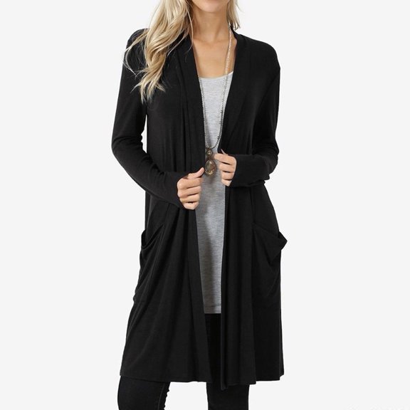 Long Cardigan for Women Summer Lightweight Knit Tops Sun Protection Swimsuit Cover-Up with Pockets Black L