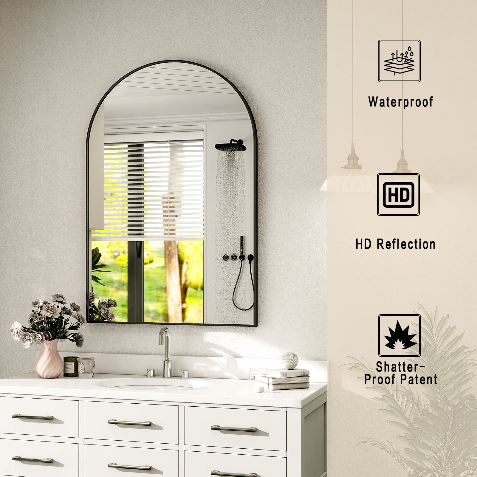 Gleamira 26"x41" Arched Bathroom Mirror Wall Mounted Mirror with Metal Frame, Black