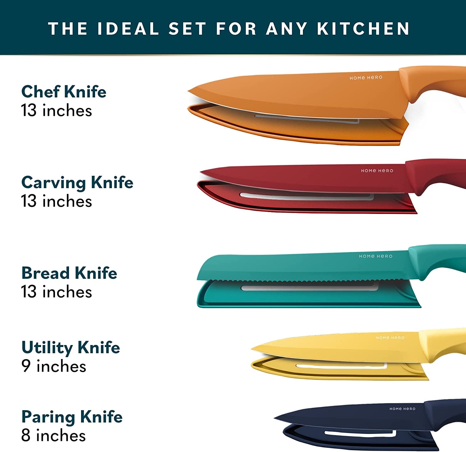 Home Hero - Kitchen Knife Set & Steak Knifes - Ultra-Sharp, High Carbon -  Stainless Steel, Multicolor, 5 Pcs 