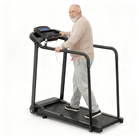 Walking Pad Treadmill with Handrails, Foldable Walking Treadmill for Home Use, Large LED Display Exercise Machine with 300 lbs Capacity, Compact Electric Treadmill for Walking and Light Exercise