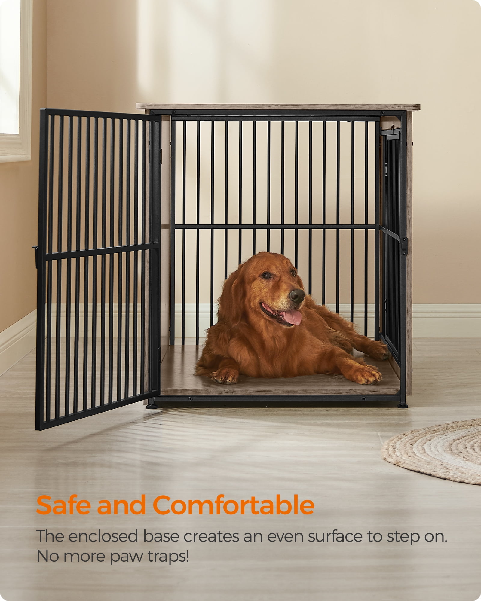 Feandrea Dog Crate Furniture, 43.3" Side End Table, Modern Kennel for Dogs Indoor up to 80 lb, Heavy-Duty Dog Cage with Enclosed Base, Double-Door Dog House, Heather Greige