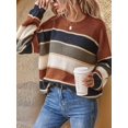 thumbnail image 6 of Striped Knit Sweater for Women Fall Winter Casual Trendy Crewneck Pullover Color Block Sweaters Y2k Tops Dark Brown S, 6 of 9