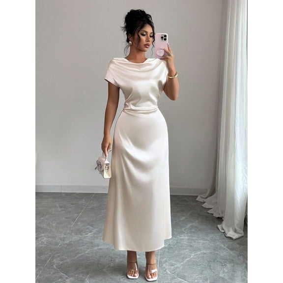 Elegant Apricot Satin Cowl Neck Short Sleeve Maxi Dress For Date Or Evening Wear