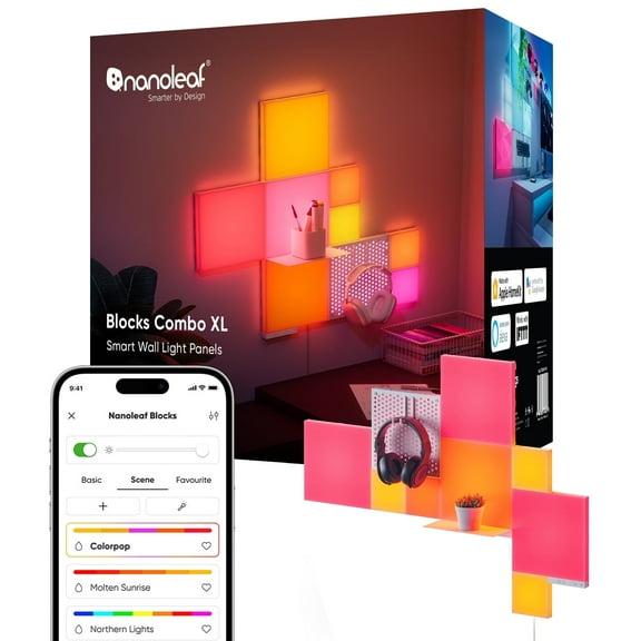 Nanoleaf Blocks Combo XL Smarter Kit – Smart RGBW LED Wall Lights for Gaming & Modern Decor (9 Panels   1 Shelf)