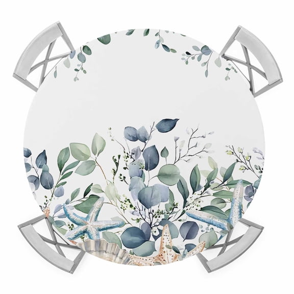 Spring Eucalyptus Coastal Round Tablecloth for 55-60 Inch Tables,Fitted Table Cover with Elastic Edge,Summer Blue Starfish Shell Waterproof Outdoor Table Cloth Protector for Patio Garden Dinner
