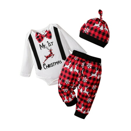 

New Born Baby Wrap Boys Girls Long Sleeve Christmas Plaid Cartoon Deer Printed Romper Bodysuit Pants Hat Outfits Knitted Woolen Set Babies