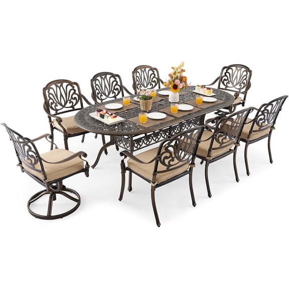 9  Piece Outdoor Dining Set Cast Aluminum Patio Dining Set for 8 Includes 86.6’’ Table 2 Swivel Chairs with Cushion and Umbrella Hole