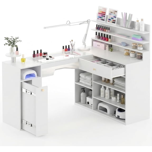 Nail Desk For Nail Tech 60 Inch L-shaped Manicure Table Nail Station With Glass Table Top White Nails Table With Shelves Drawer Storage Space