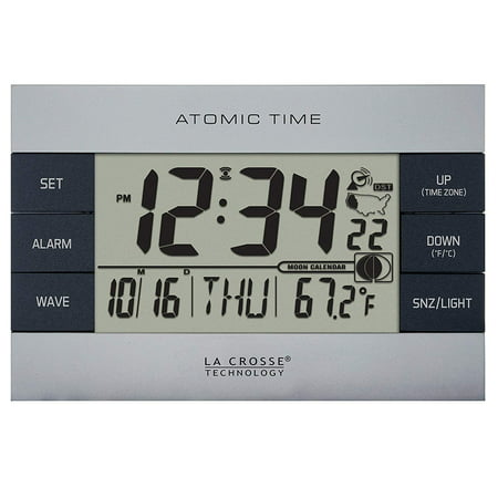 617-1280 Atomic Digital Alarm Clock, Silver, Atomic self setting time & date with automatic daylight savings time Reset (12/24Hr view) By La Crosse