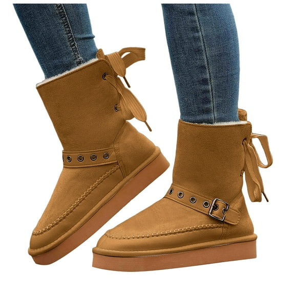 Platform Snow Boots for Women Stitching Suede High Top Lace up Buckle Strap Warm Furry Lined Winter Booties C 7.5
