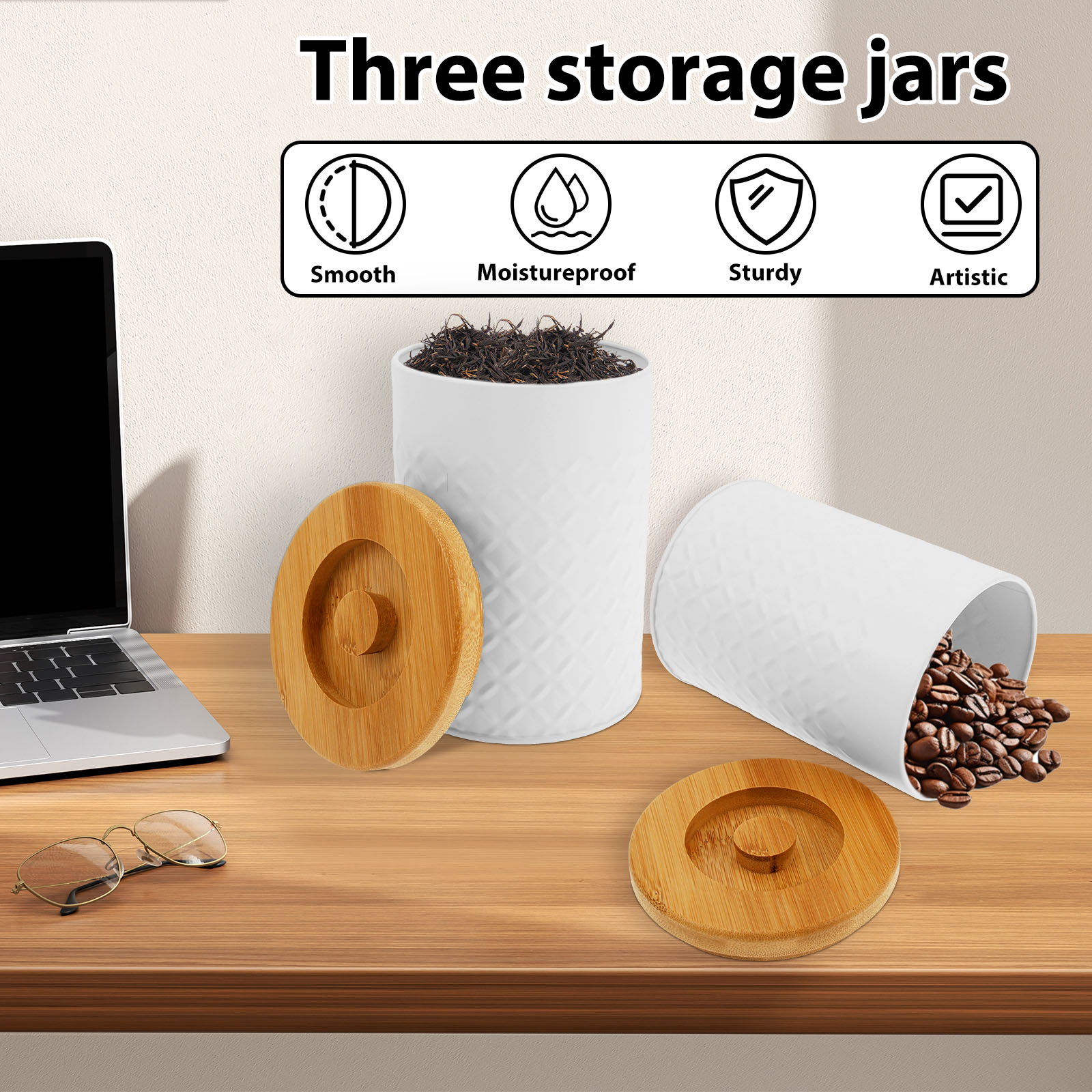 Grusce 3 Pack Ceramic Kitchen Canister Set for Sugar Coffee Tea, Airtight Food Storage Jars with Bamboo Lids, White Ceramic Storage Jar Kitchen Canister, Decorative Storage Pots for Countertop
