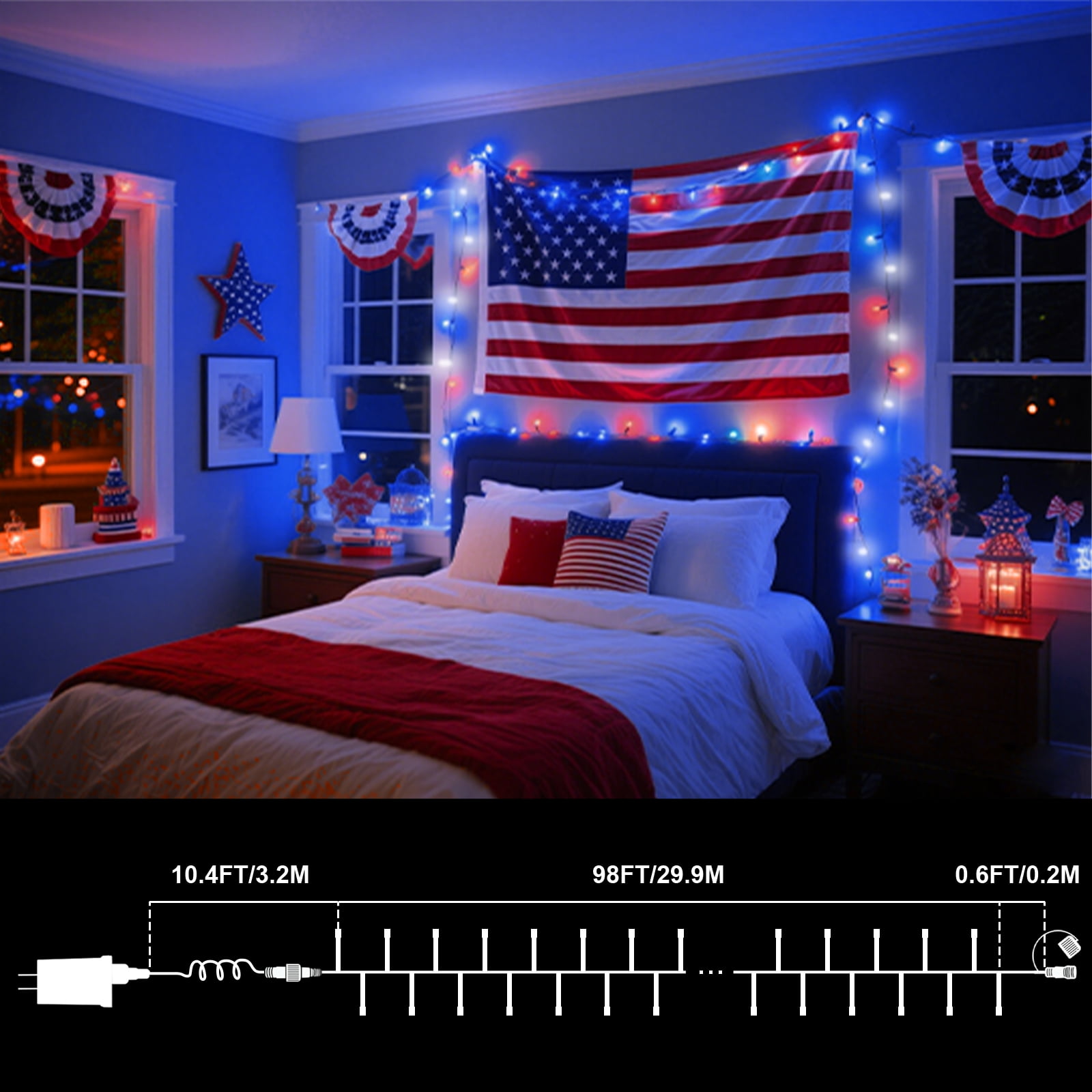 99FT 300 LED String Lights, White/Red/Blue Fairy Lights Plug in, 16 Modes Transparent Wire, 29V Low Voltage for Indoor Outdoor Christmas Wedding Party Decoration