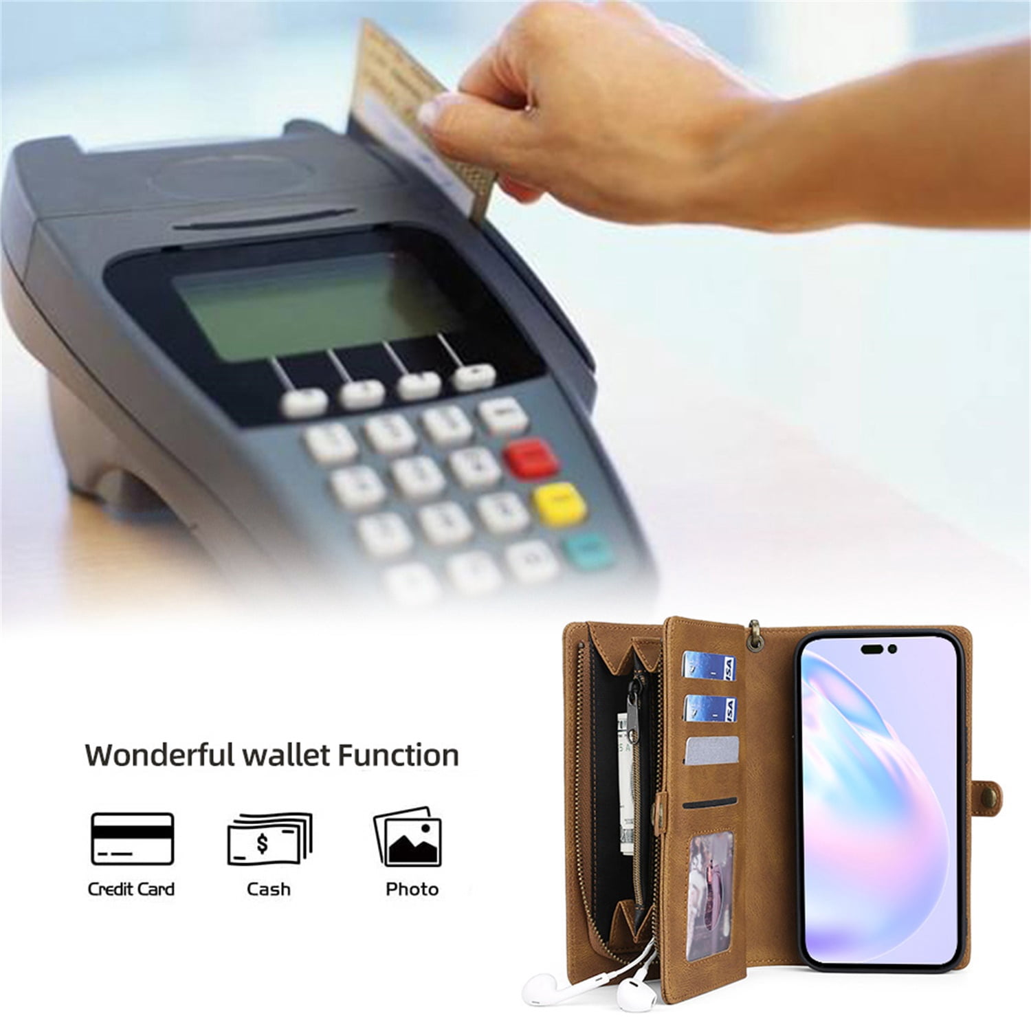 Defencase for iPhone 14 Pro Max Case for Women Men, Removable Durable PU Leather Magnetic Flip Strap Wristlet Zipper Purse Card Holder Detachable Wallet Phone Cases for iPhone 14 Pro Max, Brown