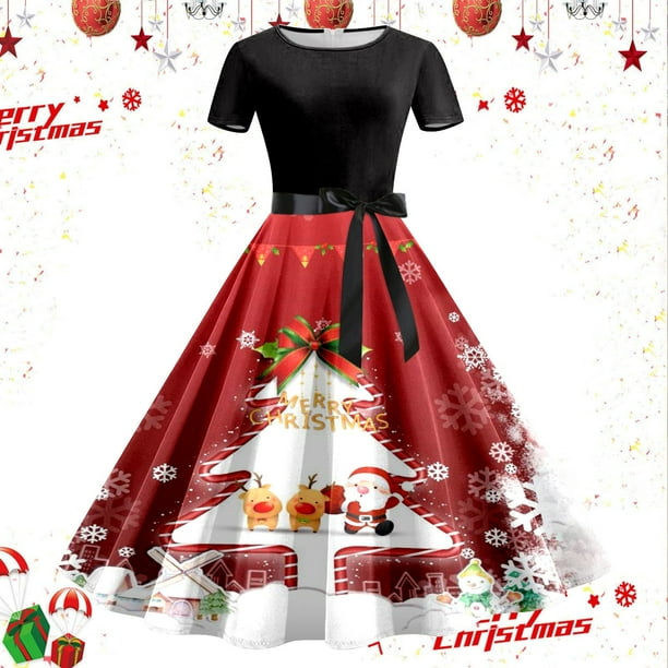 Vestidos Casuales Para Mujer Verano Vestido de Fiesta de Noche de Manga Corta Con Estampado Navideño de Los Años 50