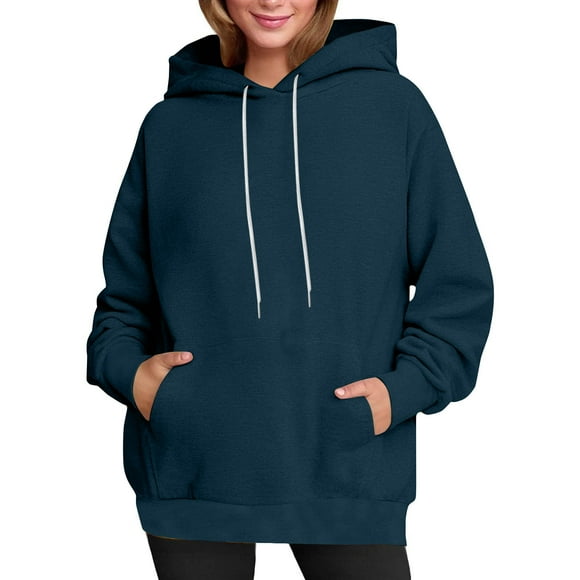 Lenpel Women's Oversized Hoodies Casual Long Sleeve Drawstring Hooded Tunic Sweatshirts Loose Pullover Sweater Tops with Pocket(Navy,Small)