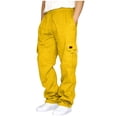 thumbnail image 3 of Men's Wide Leg Cargo Pants High Waisted Drawtring Baggy Adjustable Casual Loose Fit Warm Trousers Hiking Work Pant with Multi Pockets Yellow 4XL, 3 of 9