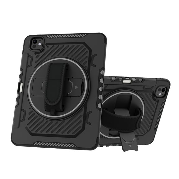 ELEHOLD for Apple iPad Pro 13 Inch (2024), Heavy Duty Rugged Case Hidden Kickstand Handstrap Wristband Pencil Holder Shockproof Anti-Scratch Hybrid Case,Black
