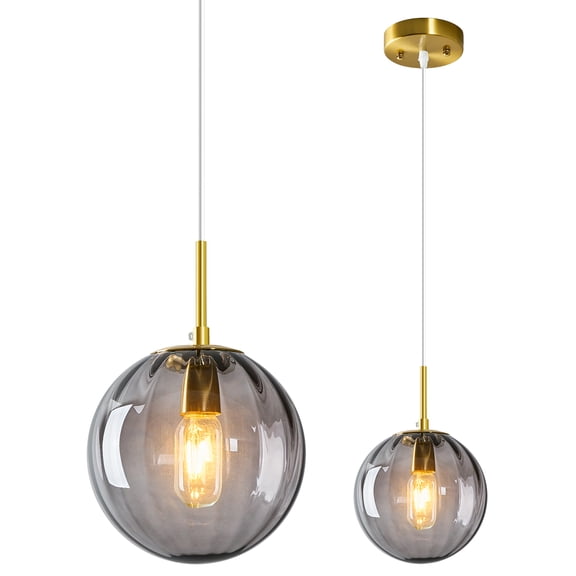 Deyidn Lighting Modern Large Globe Pendant Light Fixture Mid Century Smoke Grey Glass Pendant Light Vintage Hanging Lights Single Gold Globe Chandelier Kitchen Island Lighting