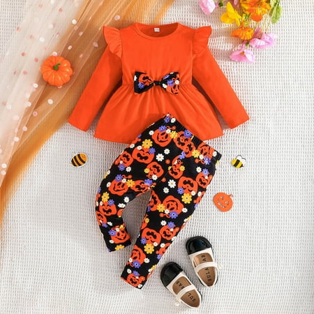 

Xijirk Halloween Girls Bow Solid Color Flying Sleeve Top Pumpkin Full Print Pants Set Kids Halloween Sets-Red-12-18 Months