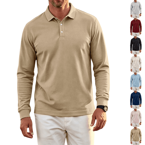Polo Shirts for Men Cotton Long Sleeve Golf Tennis Collared Shirt for Casual Work Travel 3 Buttons Ultra Soft Khaki XL