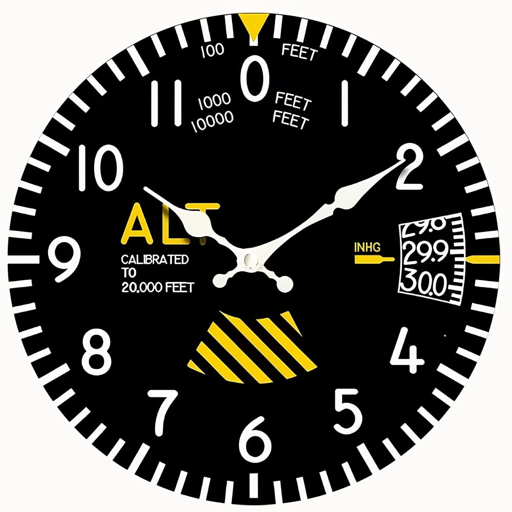 2D Flat Round Wall Clock,Black Altimeter Aviation Instrument Print,Silent Non-Ticking Decor Clock,Vintage Pilot Wall Art,AA Battery Not Included