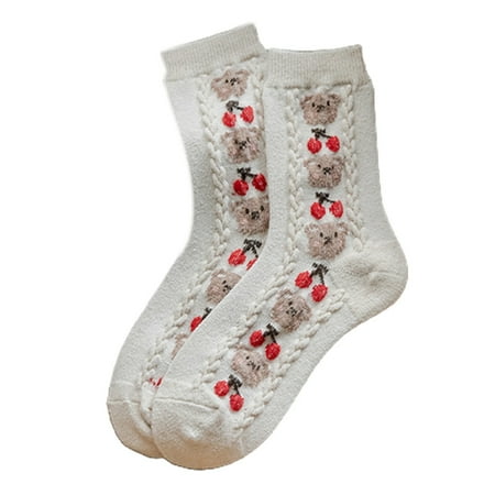 

CANKER Women Winter Autumn Faux Wool Knit Crew Socks Ethnic Crochet Geometry Pattern Cartoon Little Bear Jacquard Thicken Warm Mid Tube Hosiery