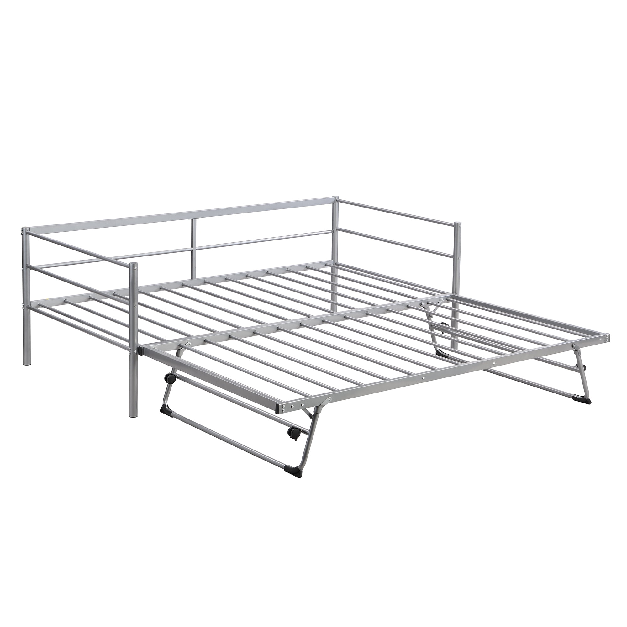 Twin Size Metal Daybed with Adjustable Trundle - Heavy-Duty Steel Daybed with Pop Up Trundle Bed - Silver